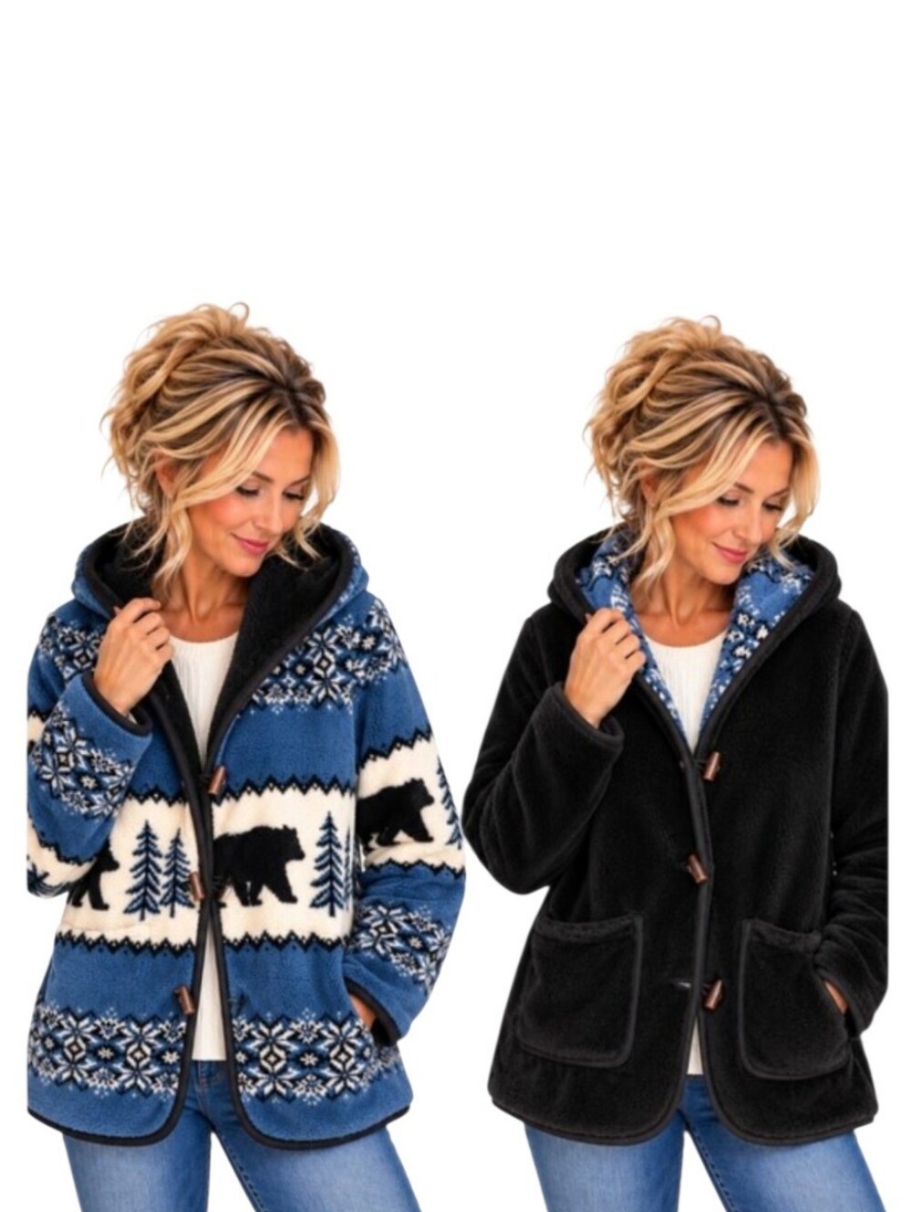 Nordic Lights Reversible Bear Snowflake Fleece Hooded Coat Small